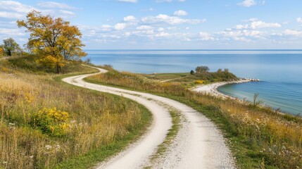 Tranquil escape winding dirt road leading to serene body of water