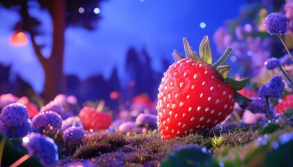 A vibrant, cartoon-style strawberry surrounded by colorful flowers in a whimsical, enchanting landscape under a starry night sky.