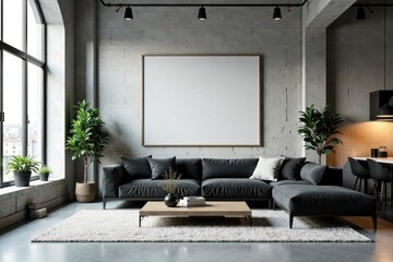 Modern Loft Apartment Living Room Interior Design with Blank Wall Canvas for Artwork Display and Comfortable Sectional Sofa
