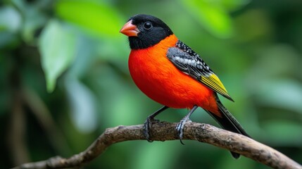 Fototapeta premium A finch perched calmly on a branch against a blurred background.