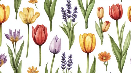 Vibrant Floral Pattern Featuring Colorful Tulips and Lavender Blossoms on White Background