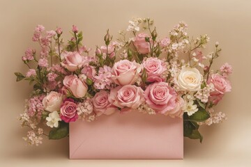 An arrangement of a handmade pink envelope filled with roses and other delicate spring flowers, placed on a warm beige background with ample copy space for messages.