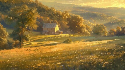 A Peaceful Countryside Landscape with a Quaint Farmhouse