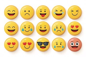 Fototapeta premium Fifteen glossy yellow 3D emoji icons with various facial expressions, including happy, sad, crying, laughing, angry, and heart eyes, isolated on a white background
