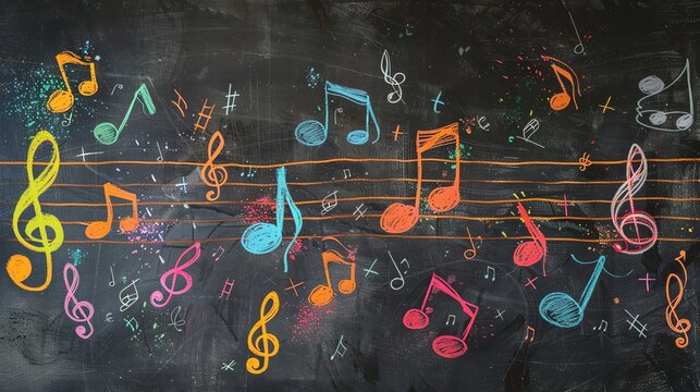 A black chalkboard with colorful music notes drawn on it.