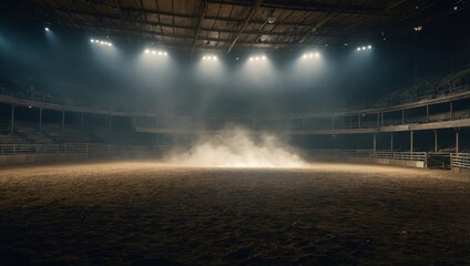 Lonely rodeo grounds glowing under floodlights, smoke curling in the stillness.

