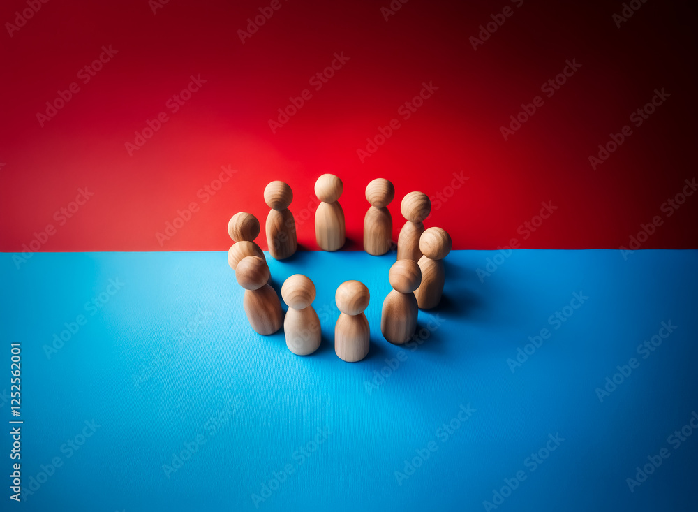 Poster wooden figures are positioned in a circle against a vibrant backdrop of red and blue. this minimalis
