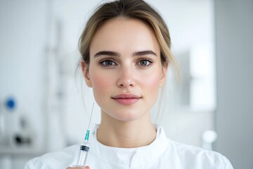 close-up portrait of young female medical researcher standing against bright lab setting carefully holding vaccine