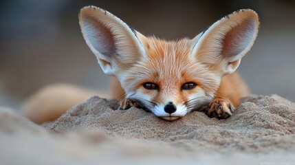 Fennec fox resting on sand dune, desert background, wildlife photography