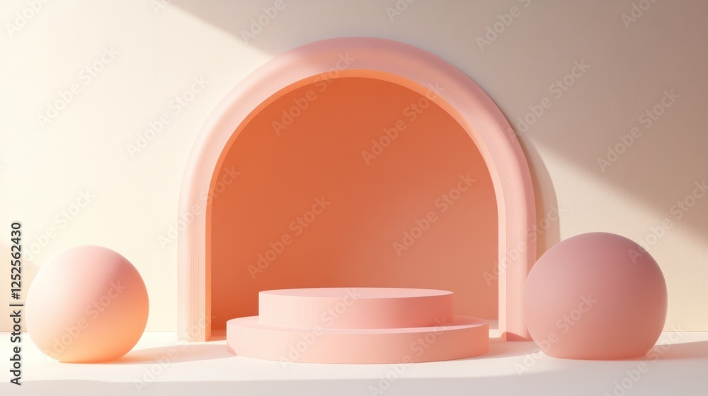 Poster minimalist peach-colored 3d render: abstract archway with platform and spheres