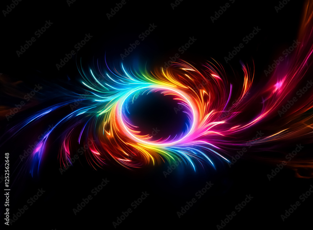 Poster a luminous circle of vibrant light radiates colorful trails against a dark backdrop, creating a dyna
