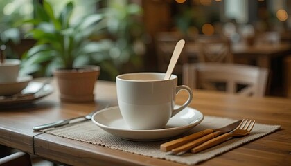Sustainable dining setup featuring a cup and fork paired with eco-friendly bamboo cutlery, set in a cozy ambient dining atmosphere.
