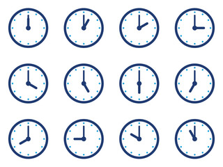 Set of clocks for every hour isolated on white background