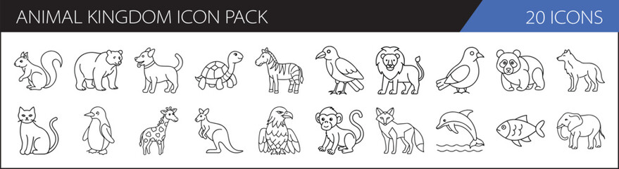 Animal Kingdom Icon Pack in Line Art - A collection of 20 animal icons in line art, featuring various species from the animal kingdom, including mammals, birds, and marine life.

