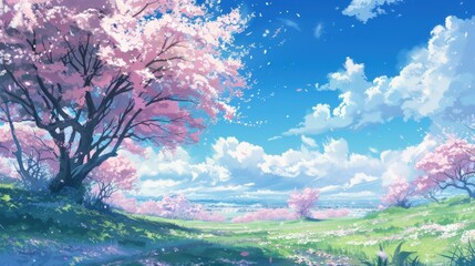 A Serene Landscape of Blooming Cherry Blossoms