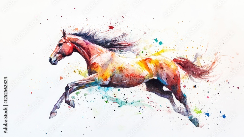 Poster a beautiful abstract watercolor painting of a running horse, with colorful paint splashes conveying 