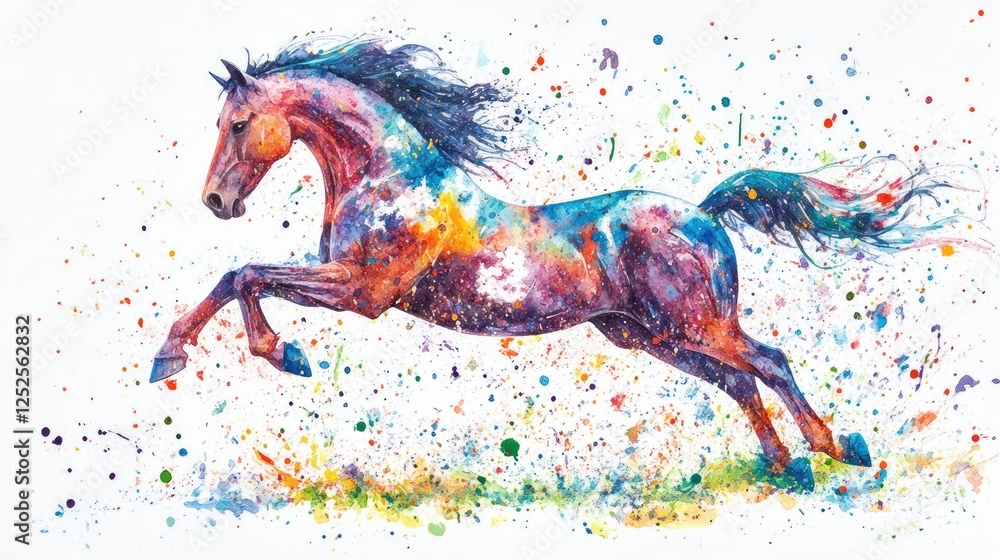 Poster a beautiful abstract watercolor painting of a running horse, with colorful paint splashes conveying 