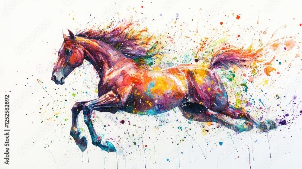 Poster a beautiful abstract watercolor painting of a running horse, with colorful paint splashes conveying 