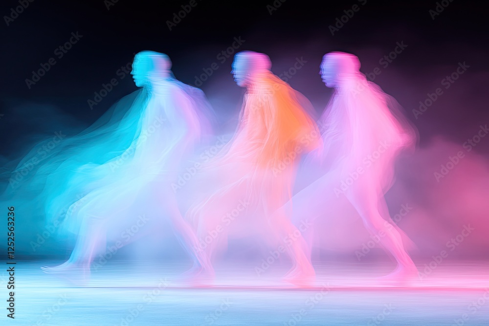 Poster futuristic interpretation of self-expression with holographic human figure shifting between various 