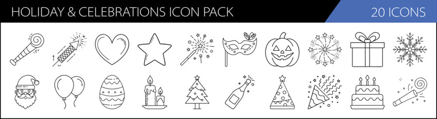 Holiday and Celebrations Icon Pack in Line Art - A collection of 20 festive icons in line art, representing various holidays and celebrations like Christmas, birthdays, and parties.

