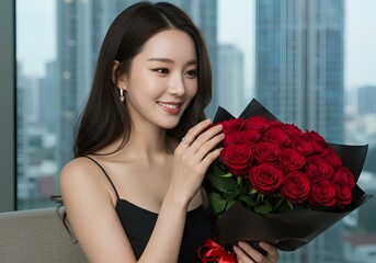 A Elegant Korean Woman with a Bouquet of Red Roses in a Modern City Setting