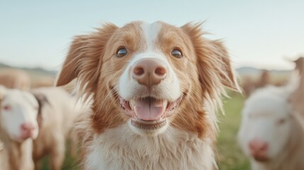 Happy dog in a field with sheep. Focus on joyful expression. Possible use as a stock photo