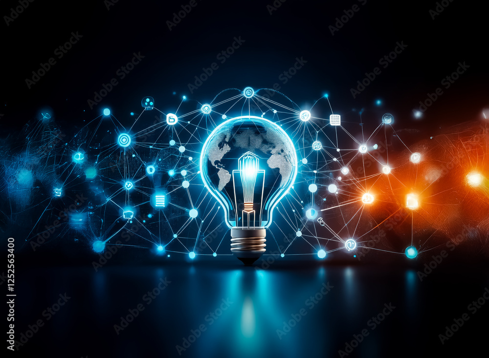 Poster glowing light bulb with world map inside, symbolizes global innovation and interconnected network in