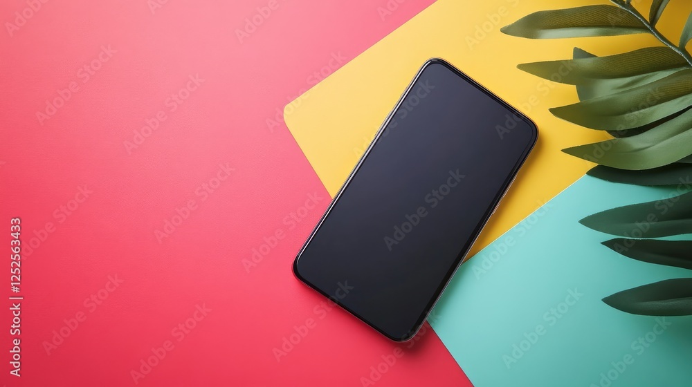 Poster a beautiful smartphone placed against a bold, multicolor backdrop, emphasizing its sleek design and 