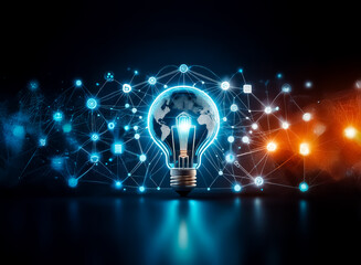 Glowing light bulb with world map inside, symbolizes global innovation and interconnected network in vibrant blue and orange tones.