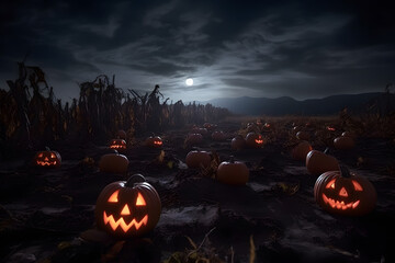 Moonlit Pumpkin Patch With Glowing Jack-O'-Lanterns at Night
