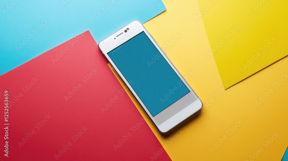 Poster a beautiful smartphone with a clean design, set against a dynamic multicolor background, offering a 