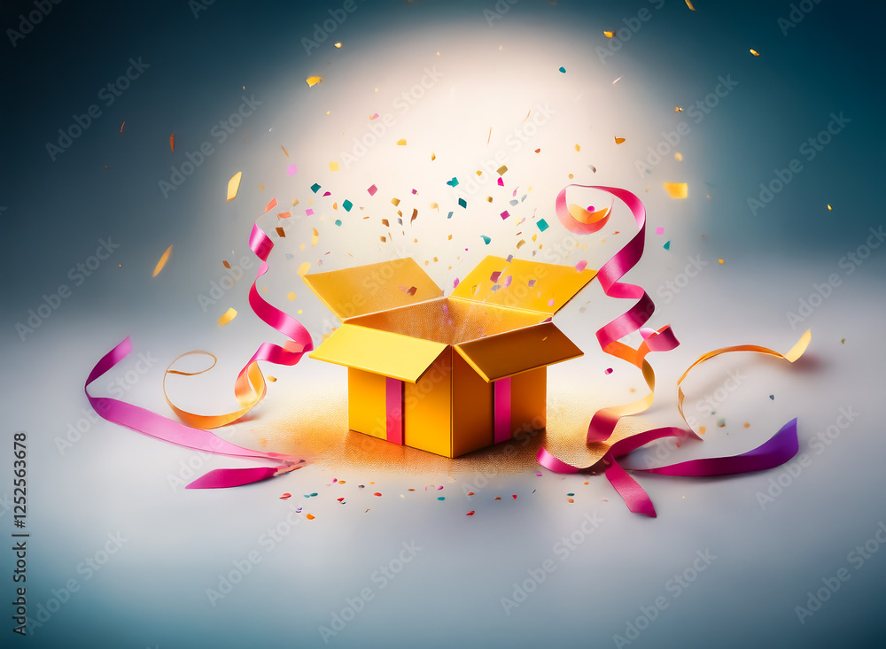Poster a vibrant image displays an open yellow gift box with pink ribbons and colorful confetti scattered a