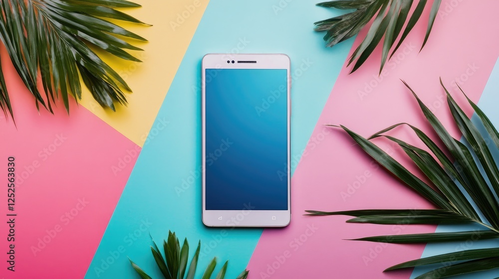 Poster a beautiful smartphone with a clean design, set against a dynamic multicolor background, offering a 