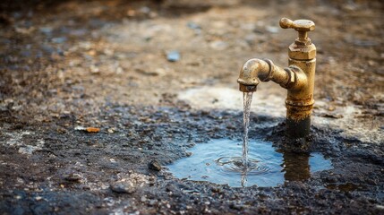 Leaking faucet with a small puddle of water forming around the base.