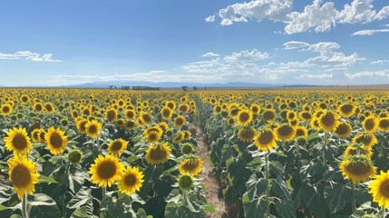Fototapeta premium A Serene Sunflower Field Under a Bright Blue Sky