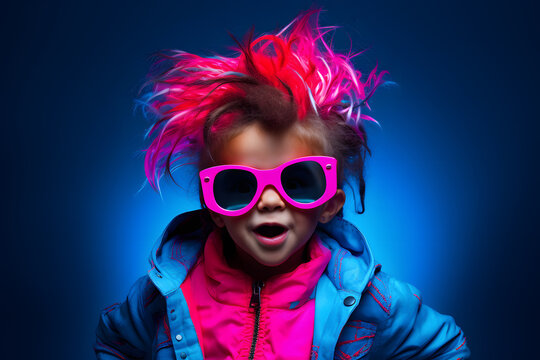 Vibrant Minimalist Portrait of a Child With Pink Hair and Sunglasses