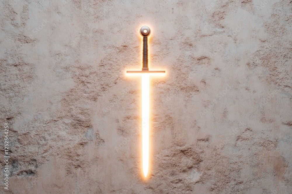 Poster minimalist composition of knight sword represented by intersecting glowing lines against textured st