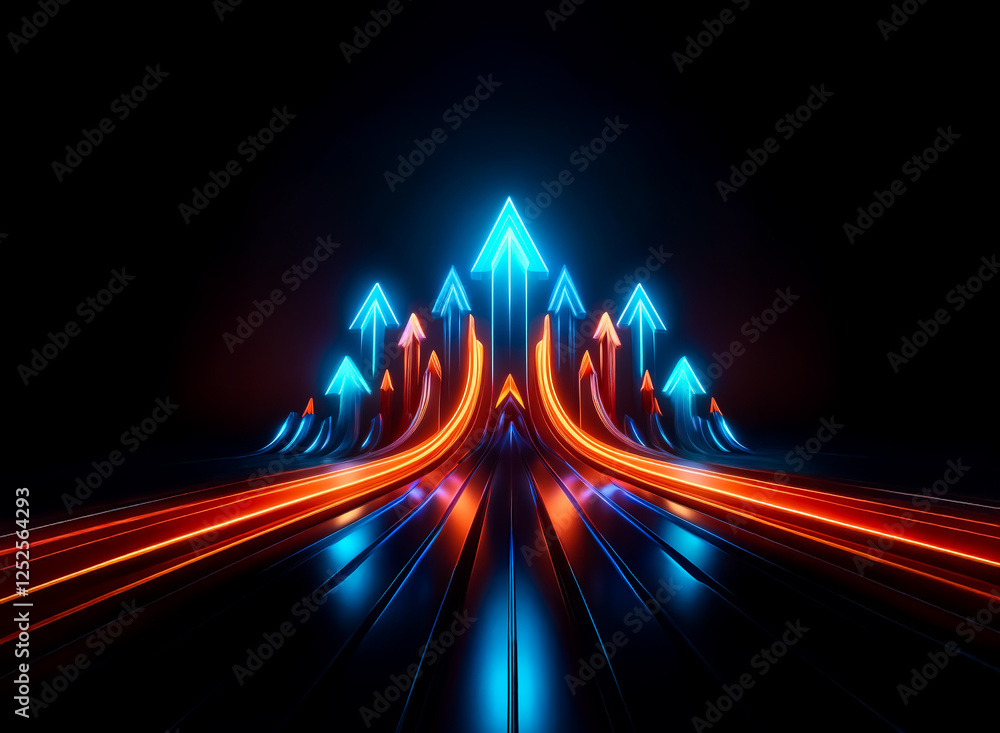 Poster glowing blue and orange arrows point upwards against a dark backdrop, creating a dynamic and futuris