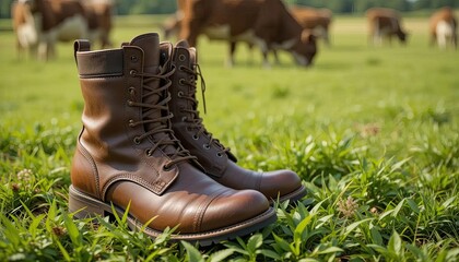 Rustic brown boots resting on lush green grass, cows grazing nearby, embodying the essence of farm life and rugged outdoor footwear.
