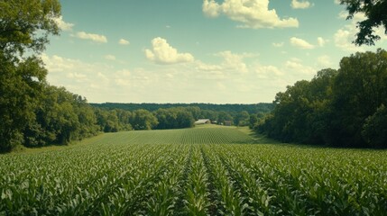 Naklejka premium Expansive Cornfield Landscape Under a Blue Sky with Fluffy Clouds in a Rural Setting