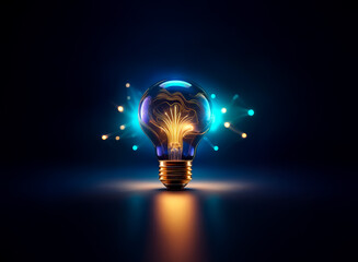 A luminous light bulb emits a radiant glow against a dark backdrop, with bright particles sparking outwards, symbolizing a burst of inventive ideas and inspiration.