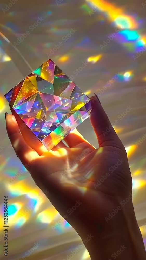 Poster hands holding a colorful crystal prism casting vibrant light patterns indoors in a soft, ambient set