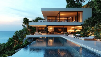 Fototapeta premium White Mediterranean Modern and luxury Hotel lounge building architecture design concept, summer villa house residence and private with swimming pool and sea view, resort. 3d design