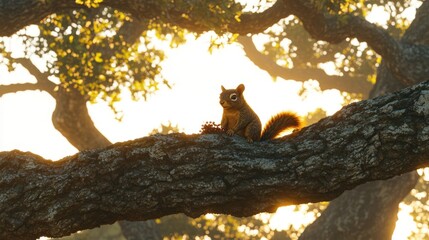 Squirrel Sitting on a Tree Branch Silhouetted Against Warm Morning Sunlight in Nature