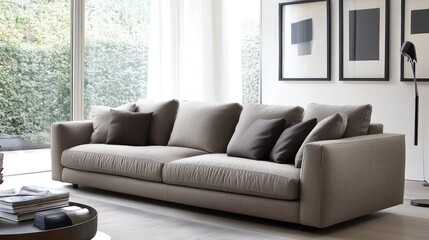 Fototapeta premium A beautifully designed living room with a minimalist modern sofa, exuding elegance and sophistication through clean lines and neutral colors