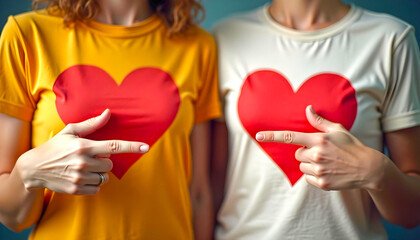 Two people are wearing matching t-shirts featuring large red heart designs, with one shirt being yellow and the other white. They are playfully pointing at the hearts, creating a fun and festive vibe 