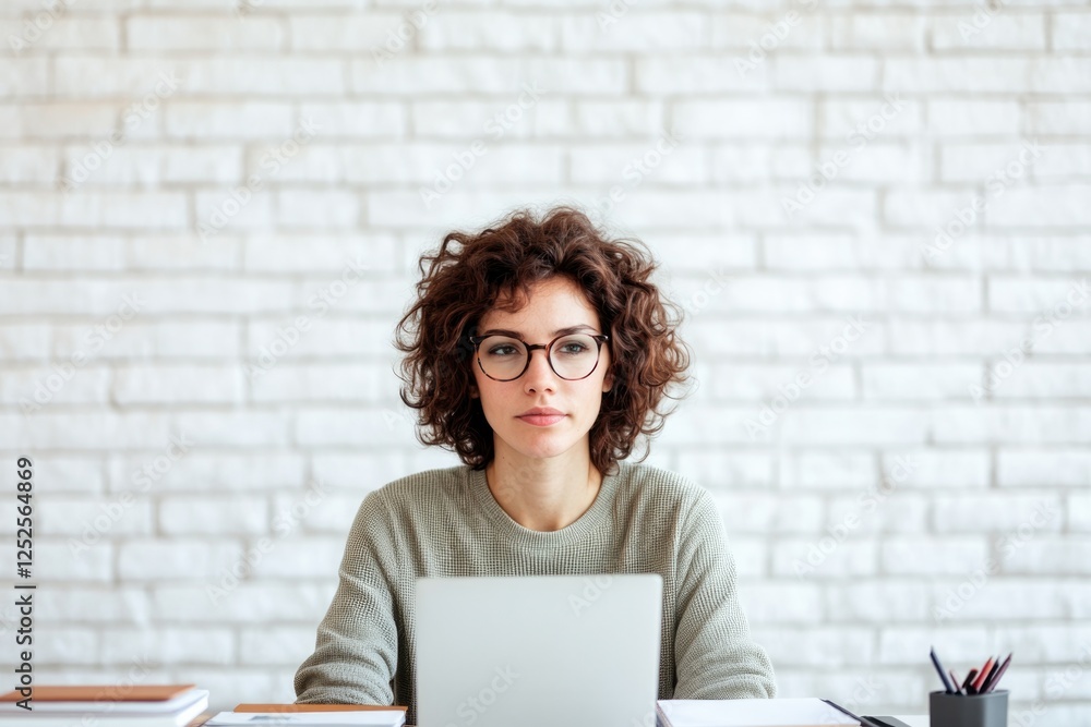 Poster portrait of digital marketer in minimalist workspace surrounded by notebooks and gadgets focused on 