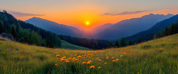 Colorful Mountain Sunset Over Wildflowers