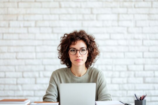 portrait of digital marketer in minimalist workspace surrounded by notebooks and gadgets focused on their screen with