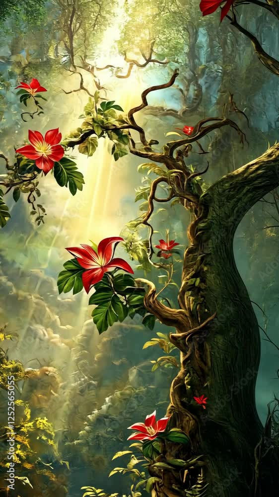 Poster lush forest with vibrant flowers and sunlight filtering through the trees in a tranquil setting